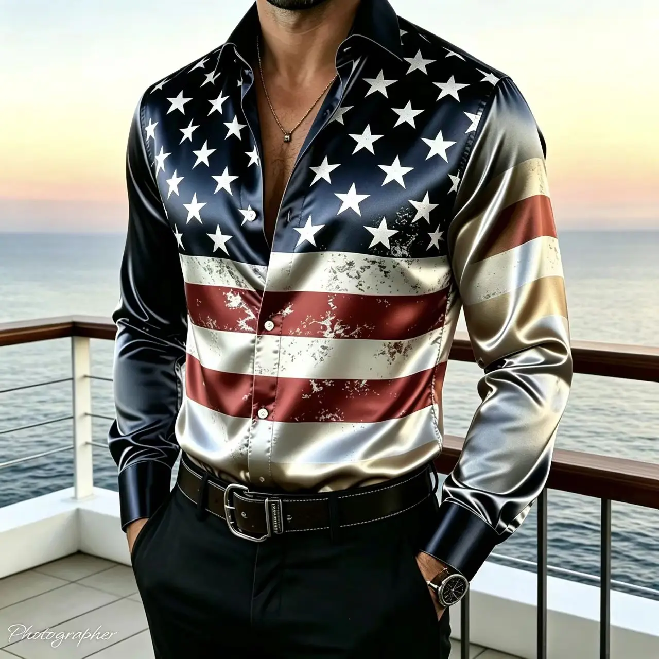Men's Retro Art Printed Satin Silk Shirt American Style Long Sleeve Luxury Gloss Button Casual Fashion Party Top