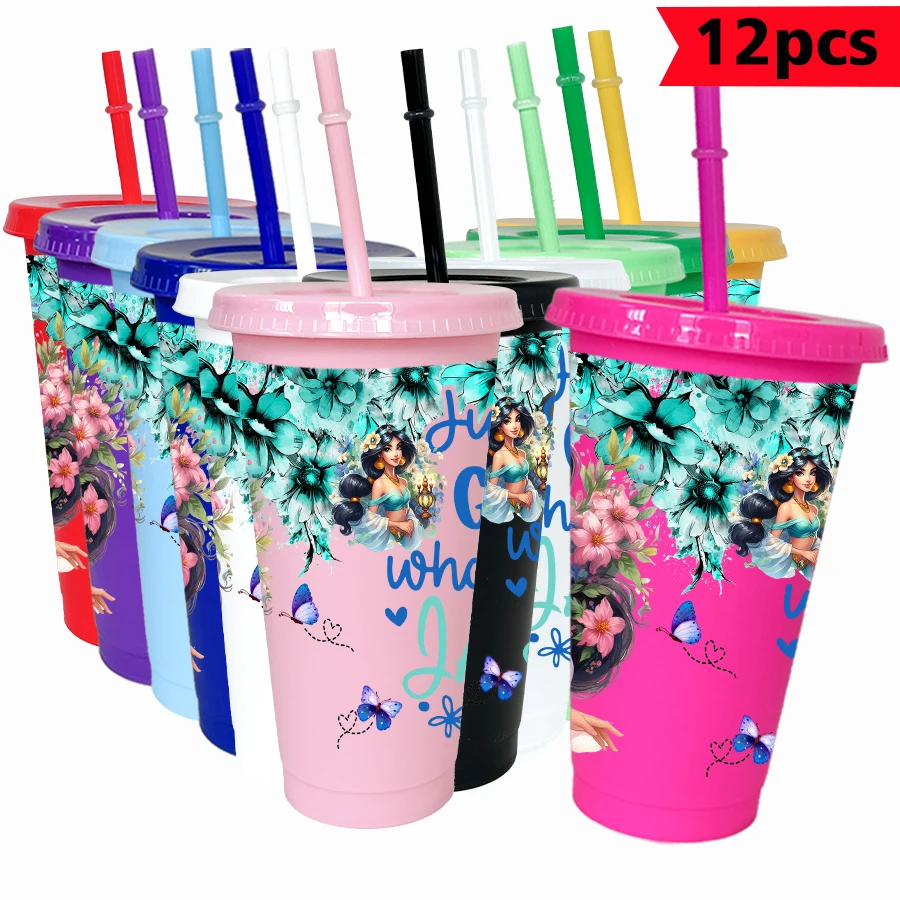 

12pcs/pack Disney Princess Jasmine Floral 26oz Multicolor Plastic Water Cup Party Drinkware Birthday/Back to School Gift