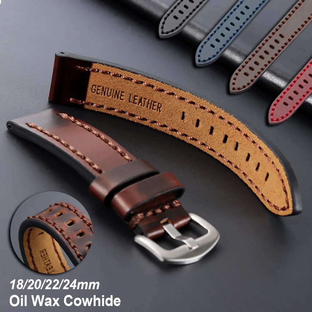 

Universal Brown Premium Bracelet 18mm 20mm 22mm 24mm Vintage Oil Wax Genuine Leather Watch Strap Head Layer Cowhide Watch Band