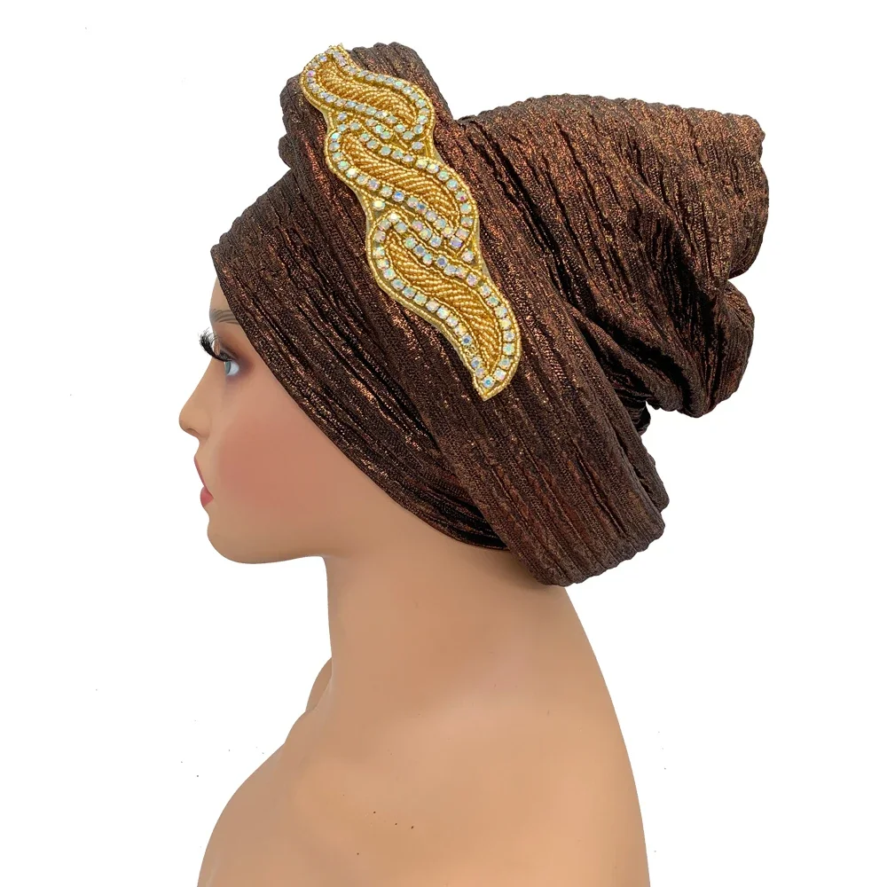 Shining African Headtie Turban Cap Women\'s Autogele Nigeria Wedding Party Headgear Headpiece Female Head WrapsTurbante Mujer