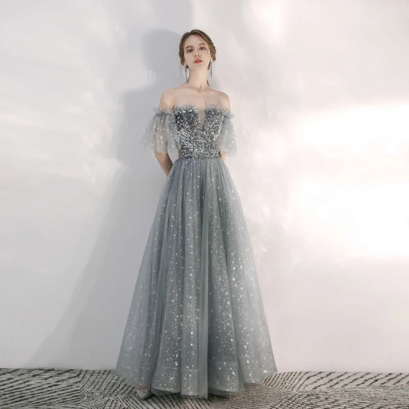 

Silver Gray Evening Dress Boat Neck Sequin Tulle Sparkling Dreamy Gorgeous Ceremonial Dress 2024 New Elegant Ball Long Gown