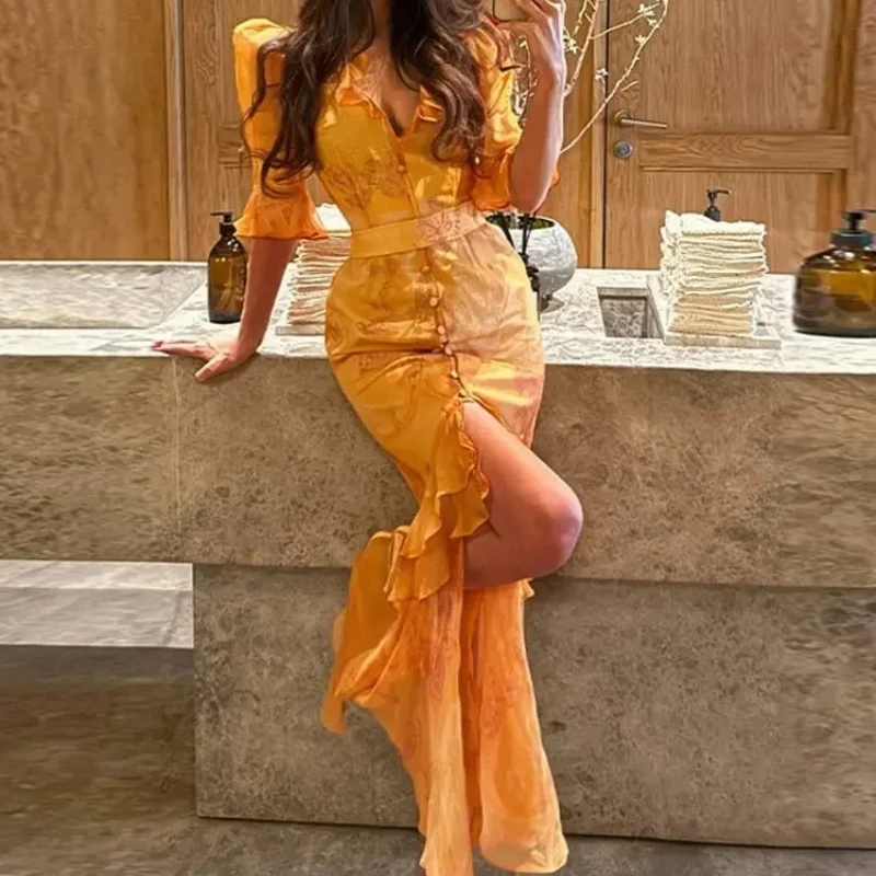 Fashion Organza Floral Printed Maxi Dress V-Neck Puff Sleeve 2026 Spring/Summer Romantic Women Party Gown Elegant Lady Vestido