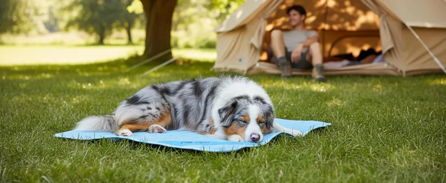 australian shepherd sleeping on a cooling mat while camping on the grass outdoor