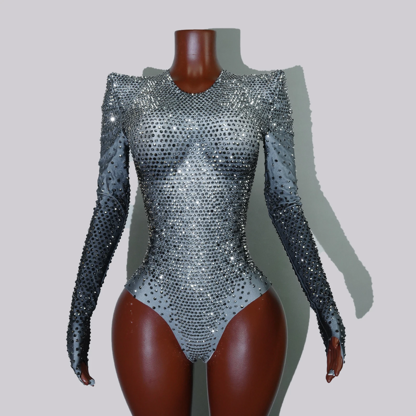 

Sparkle Silver Rhinestones Bodysuit Long Sleeve Sexy Pole Dance Party Nightclub Birthday Performace Drag Queen Outfit Gogo Dance
