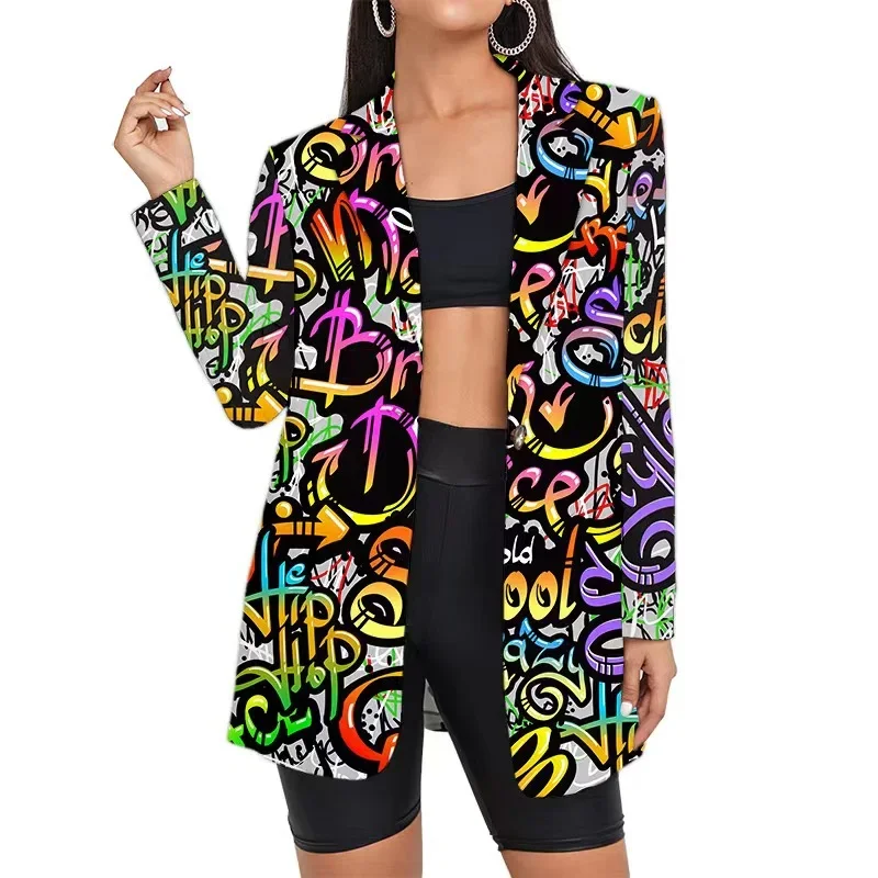 Vintage Letter Irregular Printing Blazer Women Jacket High Street Fashion 2024 New Oversized Elegant Lady Coat American Stylish