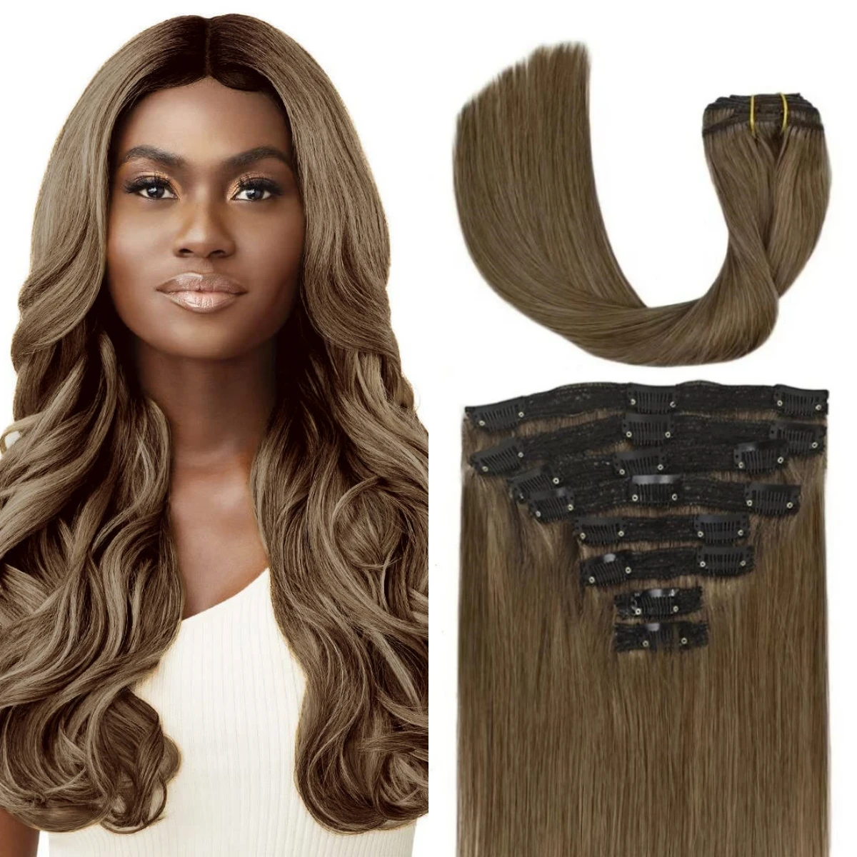 #8 Ash Brown Straight Clip In Hair Extensions Light Brown Color Virgin Human Hair Clips 16-26 Inch Full Head Skin Weft 120G/Set