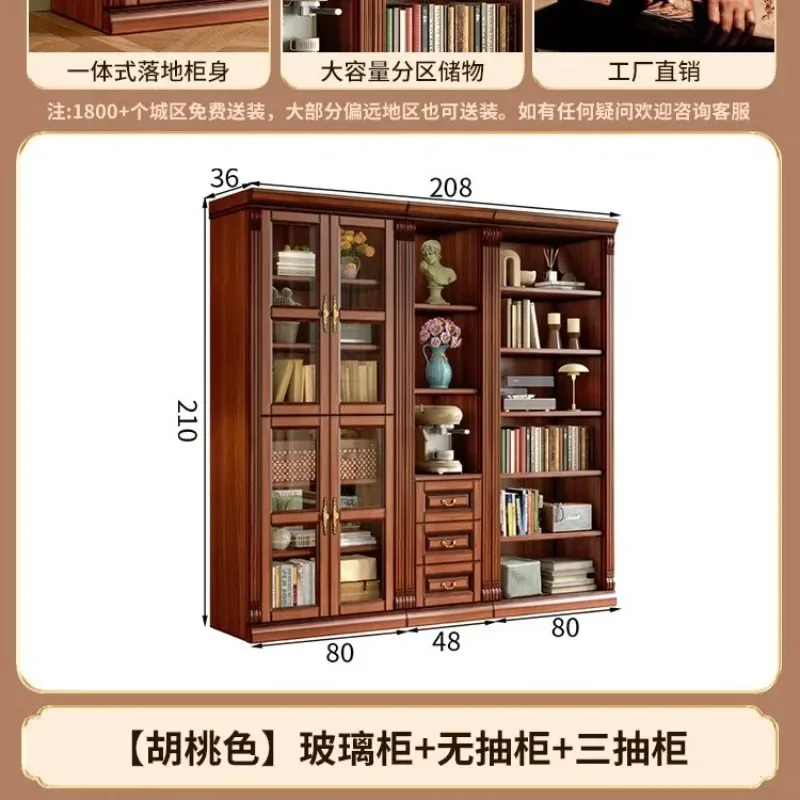 American retro solid wood bookcase study combination bookshelf mahogany glass door integrated drawer storage locker - view 5