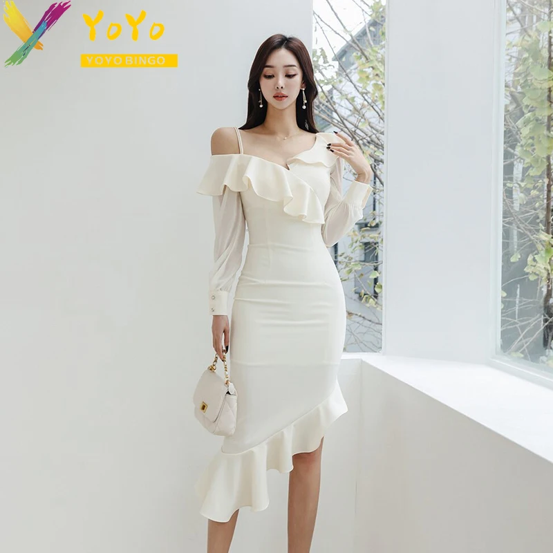 

2024 Spring/Summer New Sexy One Shoulder Slim Strap Off Shoulder Long Sleeve Ruffle Edge Asymmetric Wrapped Hip Party Dress