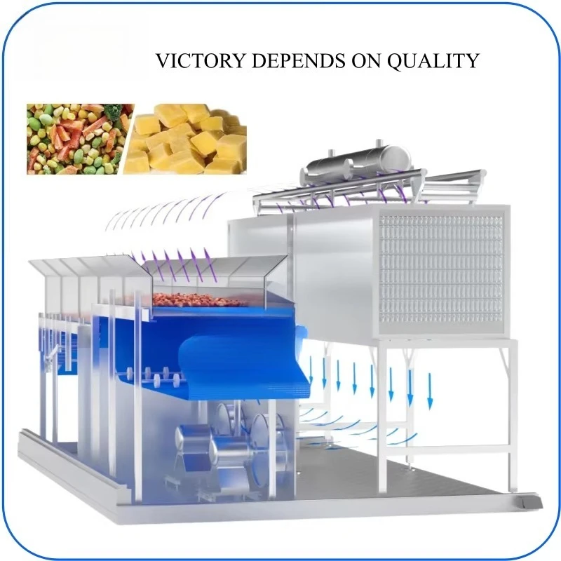Auto Industrial 304SS Continuous Fluidized Bed IQF Tunnel Freezing Equipment 100-5000kg/h for Vegetable Fruit Berry Processing