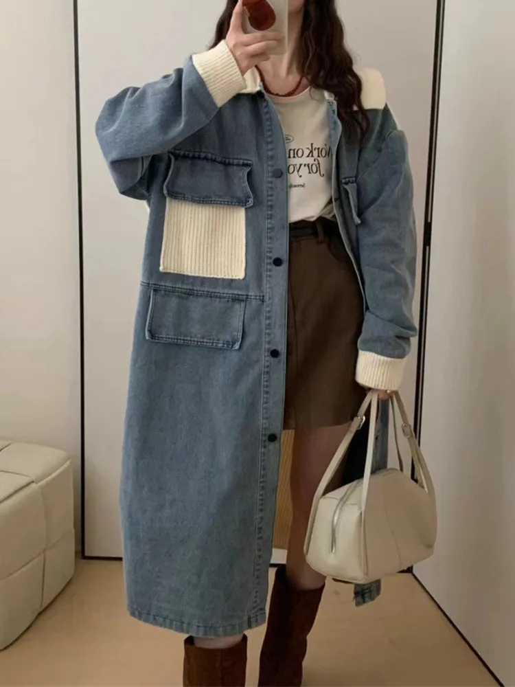 UCXQ Fashion Denim Jacket Korean Style Knit Patchwork Loose Single Breasted Street Tide Long Coat Women 2025 Spring Autumn C1933