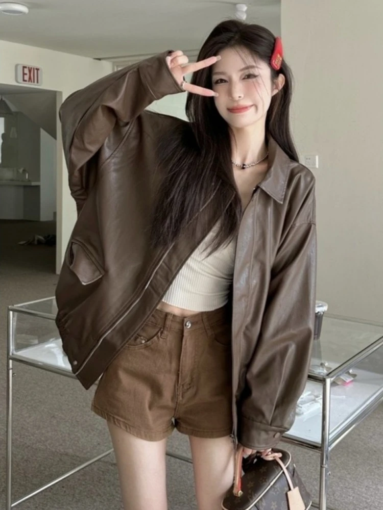 الرجعية الأمريكية براون الجلود Jaet المرأة فضفاضة طويلة Sve Bla بارد دراجة نارية بو الجلود أعلى الشارع Sle تخفيف الرياح