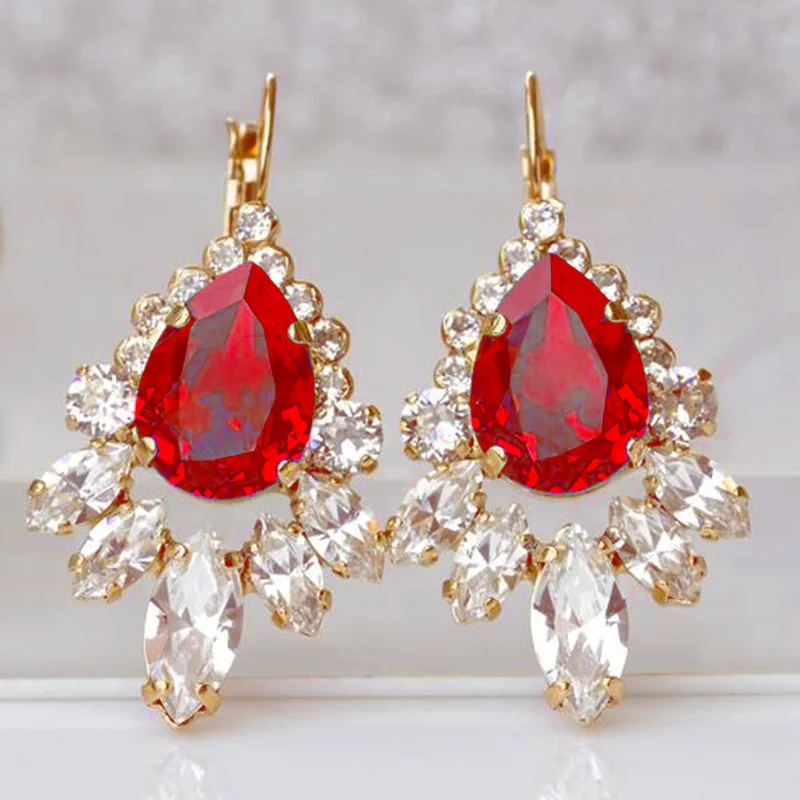 Carat Round Red Garnet Flower Stud Earrings for Women Fashion Engagement Jewelry Birthday Gifts New Water Drop Long Earrings