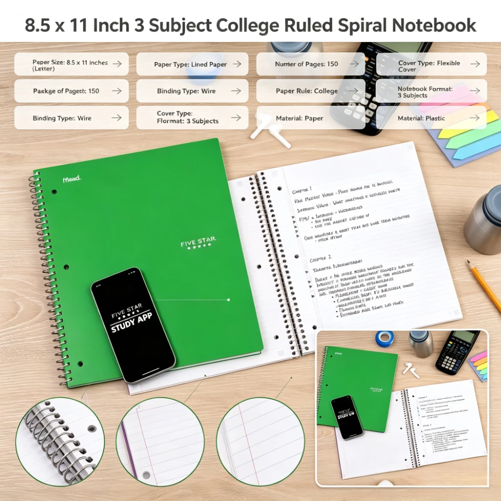 3 Subject College Ruled Spiral Notebook, 150 Pages, Flexible Cover, 3 Hole Punched, Perforated Acid-Free Paper, Colors May Vary, School & Office Stationery