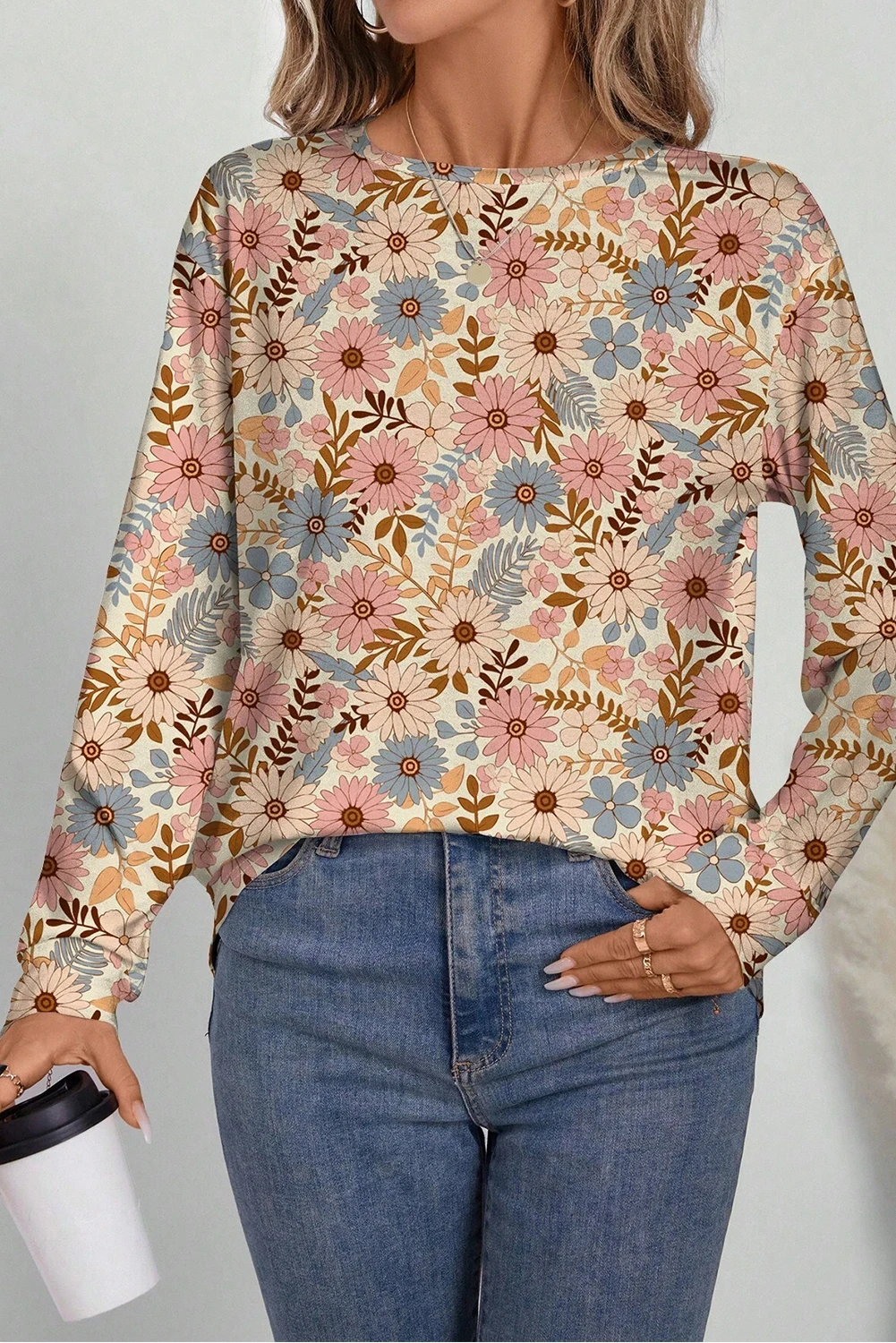 여성용 가을 라운드넥 풀오버, 캐주얼하고 다재다능한 꽃무늬 프린트 스웨터