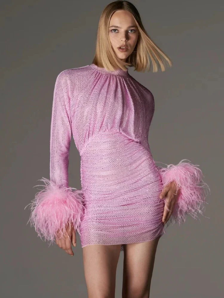 

Sexy Shiny Rhinestone Feathers Mesh Mini Dress Women Pink Long Sleeves Diamonds Feather Folds Slim Dress Party Evening Club