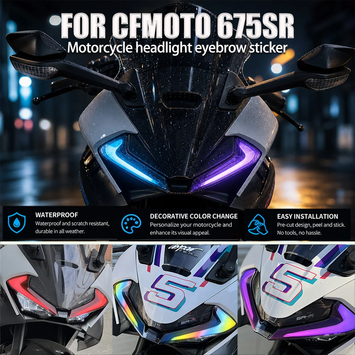 Pre-Cut Headlight Eyebrow Color Change Film Waterproof Tint Sticker Anti-Scratch Decor For CFMOTO 675SR Light Accessories