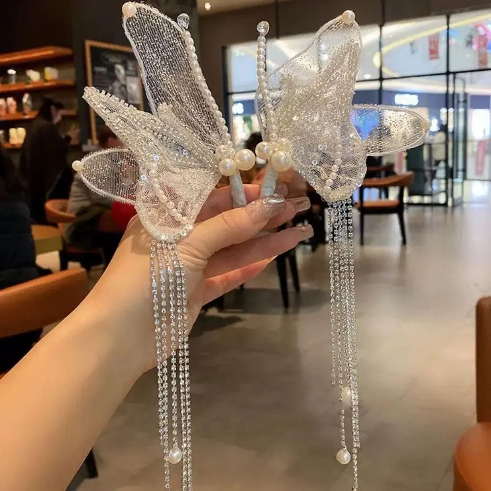 Sweet Tassel Butterfly Hair Clips Beaded Mesh Pearl Barrettes Fairy Korean Style Duckbill Clips Wedding