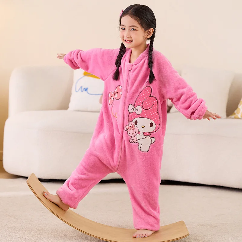 Kuromi Child Siamese Pajamas Girl Autumn Winter Plus Velvet Flannel Kawaii Cartoon Belly Protection Sleeping Bag Coral Fleece