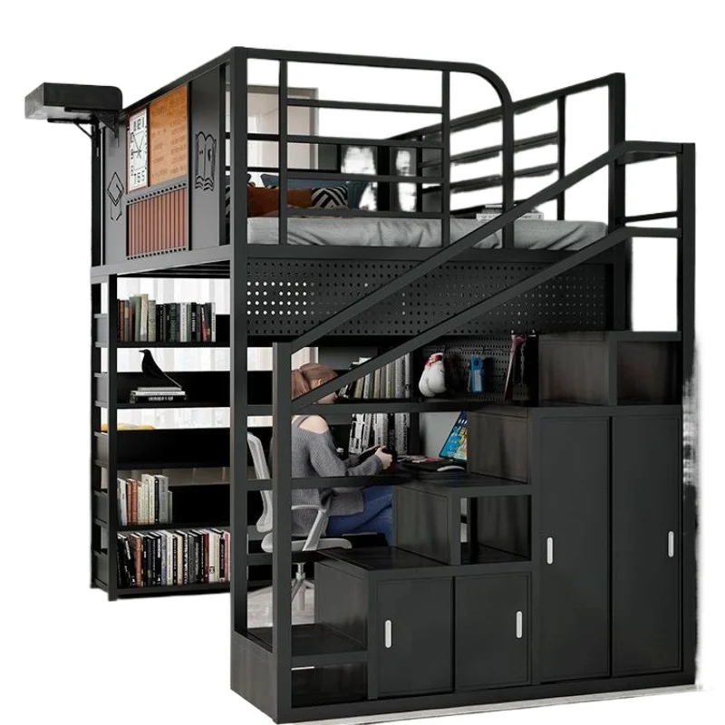 

Small apartment overlay iron bed frame apartment loft double-layer multi-functional wrought iron bed high and low