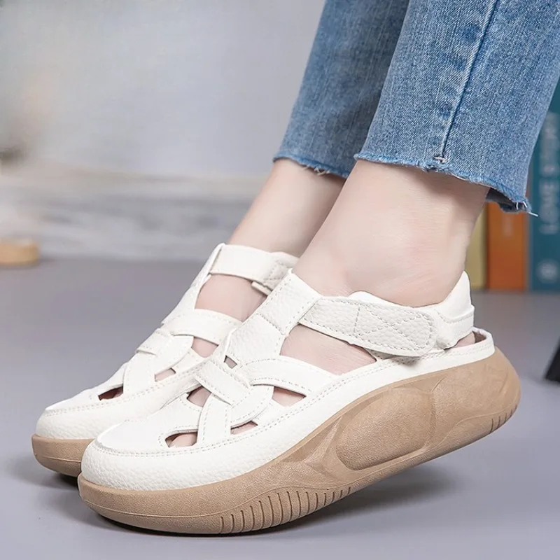 

Summer Popular Velcro Women's Thick Bottom Sandals with Hollow Soft Bottom White Shoes Breathable Sports Leisure Shoes for Women