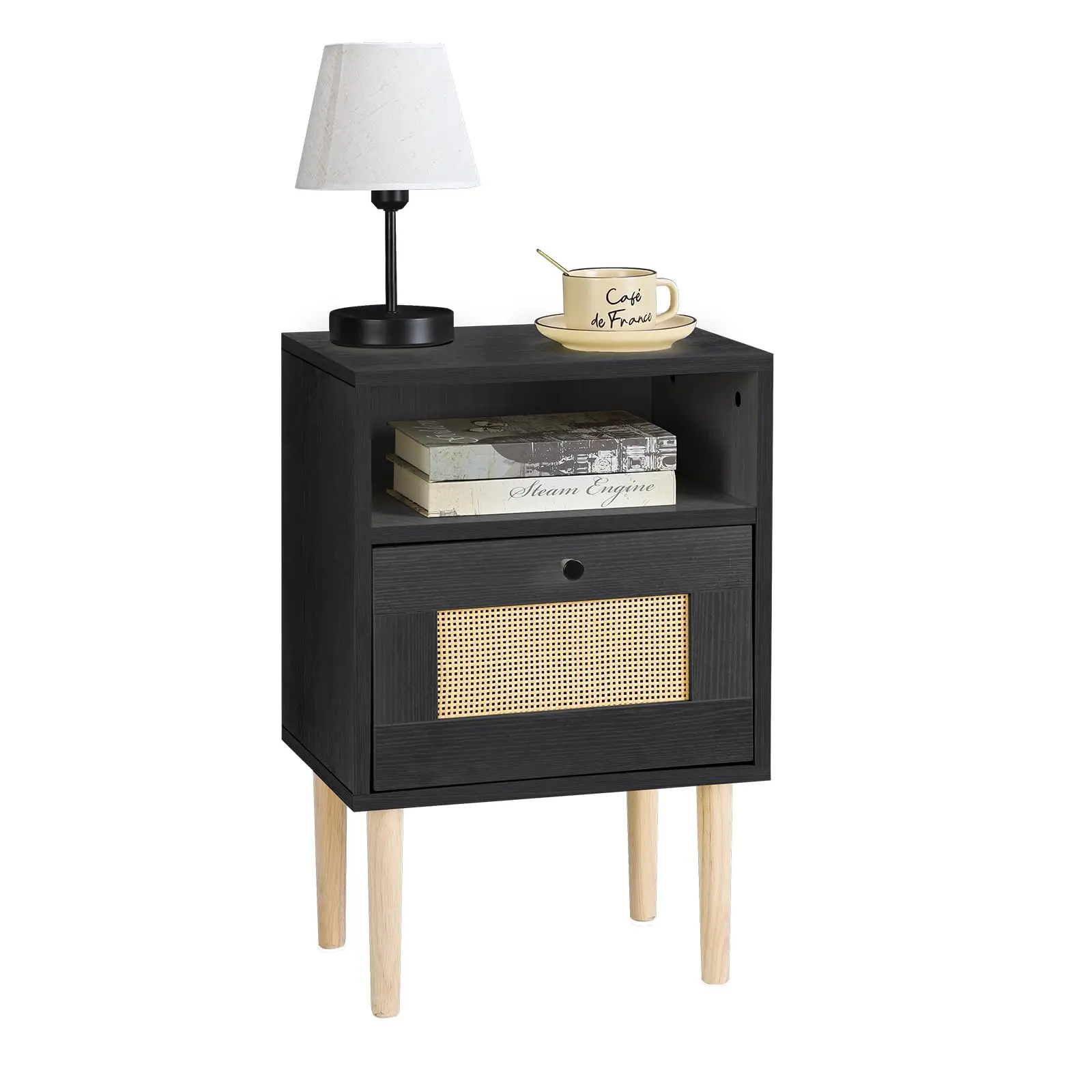 

Modern Bedside Table with Rattan Drawer, Bed Side Table with Storage Shelf & Solid Wood Feet, End Table