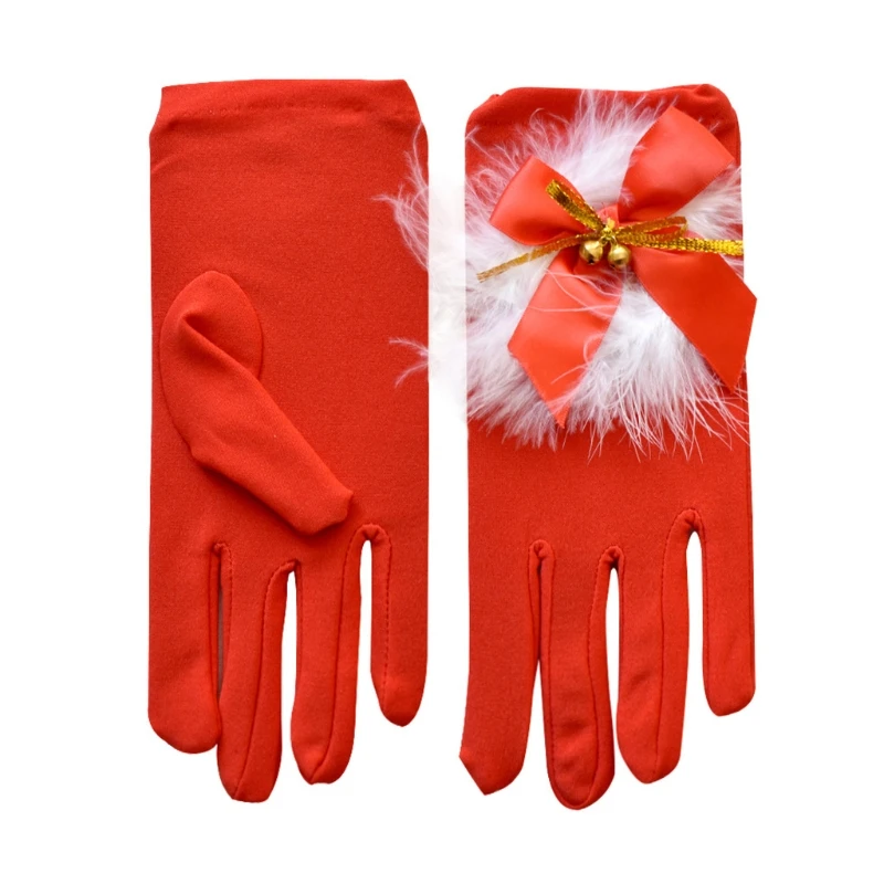 652F White Fur Costume Gloves Red Velvet Gloves with White Furry Cuff Accessories for Costumes for Women and Kids Gifts