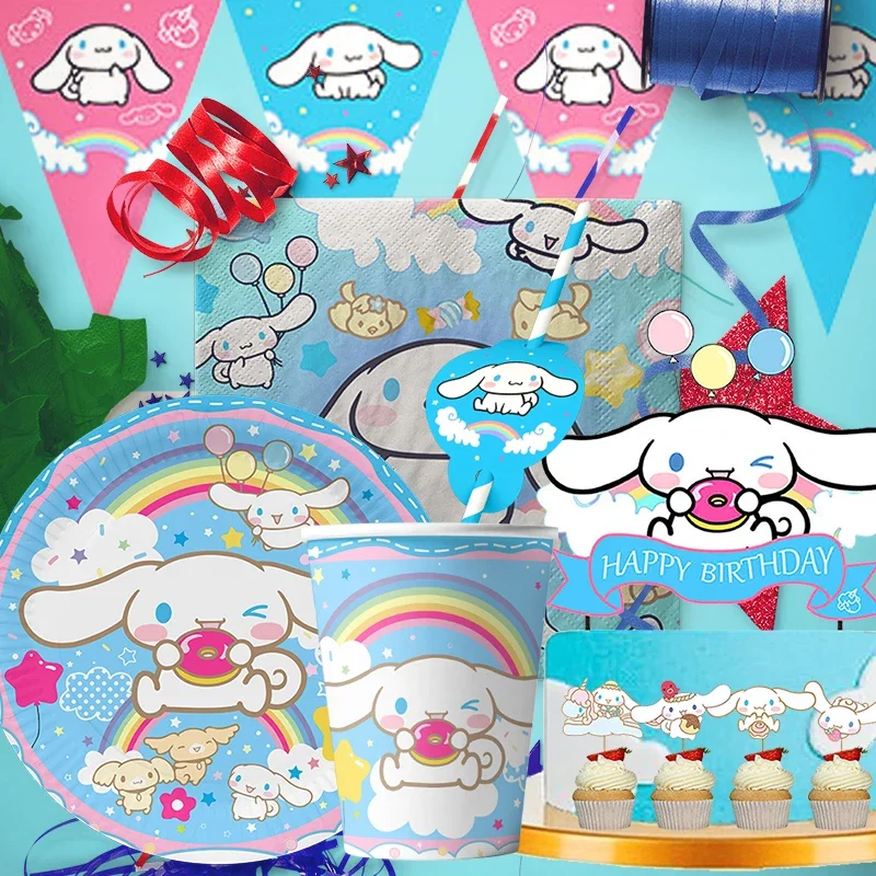 Miniso Sanrio Cinnamoroll Forniture per feste a tema per bambini Stoviglie usa e getta Piatto per tazze Palloncino Sfondo per decorazioni per feste