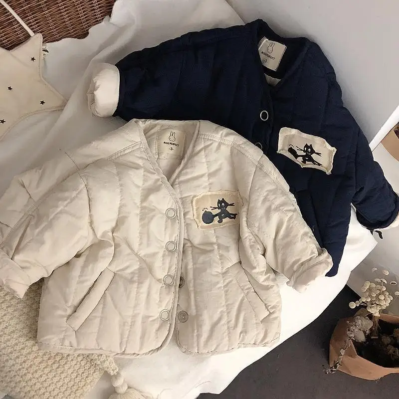 Korean Kids Winter Jacket Cotton Down Parkas Boys Girls\' Cute Cat Print Cotton Coat Thick Cotton Chidlren Coat Warm Cotton Coat