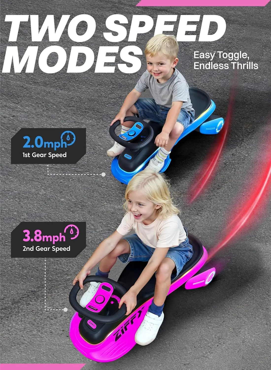 JOYFY 45W 5.5A 電動ウィグルカー ライトアップ機能付き 充電式バッテリー 2段階速度調整 乗用玩具 3歳以上 (最大110ポンド)