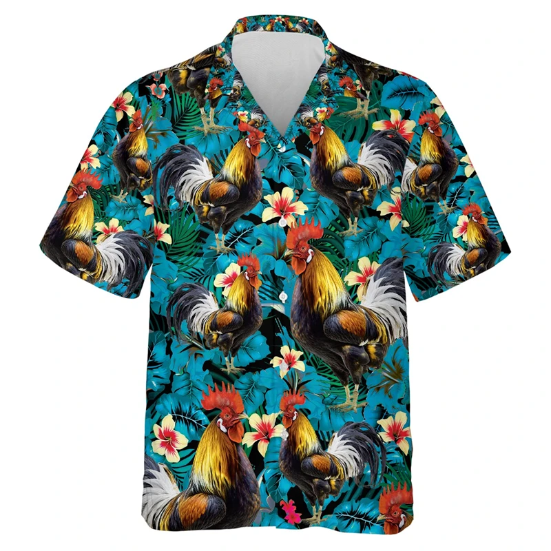 Fashion Rooster Graphic Short Sleeve Shirts For Men Hip Hop Hawaii Beach Shirt Funny Chicken Lapel Blouse Women Button Tops