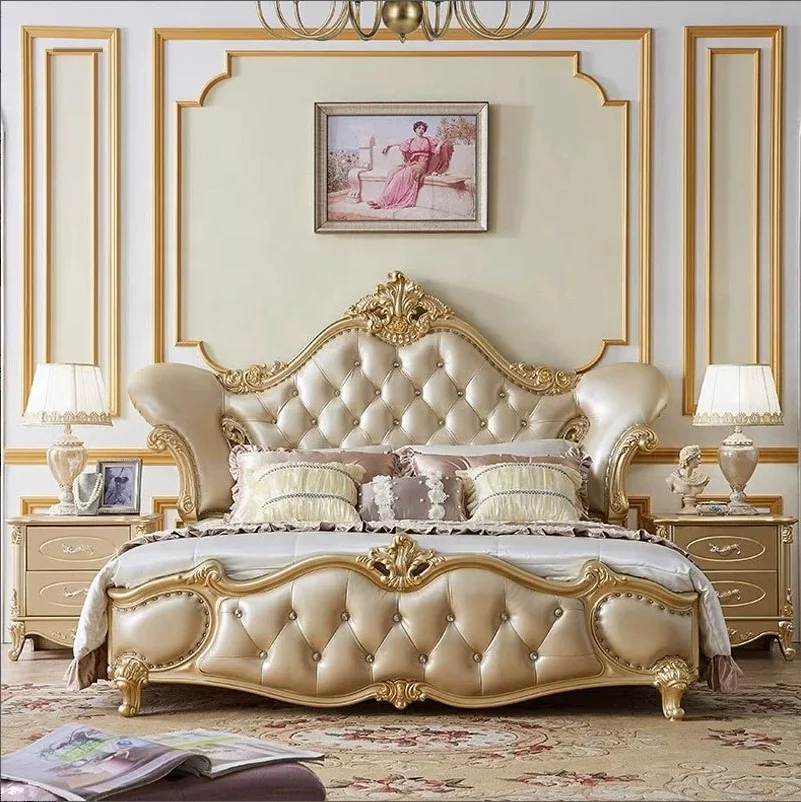 

#$European Antique Style King/Queen Bed Set - Classic Carved Solid Oak Wood Champagne Gold Bed Premium Bedroom Furniture