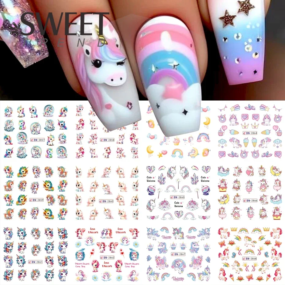 12 Designs Unicorn Water Transfer Nail Slider Cartoon Anime Rainbow Horse Ice Cream Heart Nail Sticker Nail Supplies Decoration