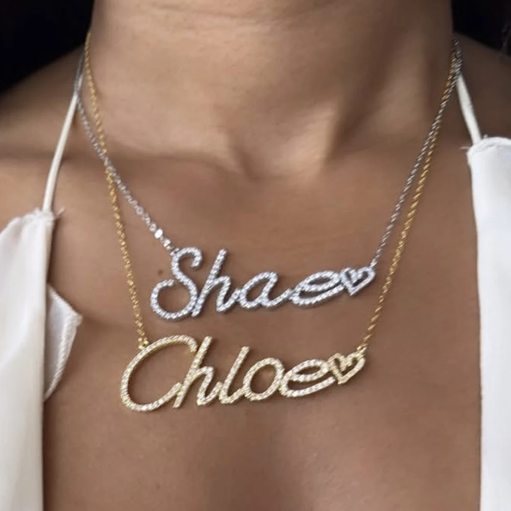 

UWIN Custom Cursive Heart Name Necklaces for Women Iced Out Cubic Zircon Chain Necklaces Personalized Fashion Jewelry