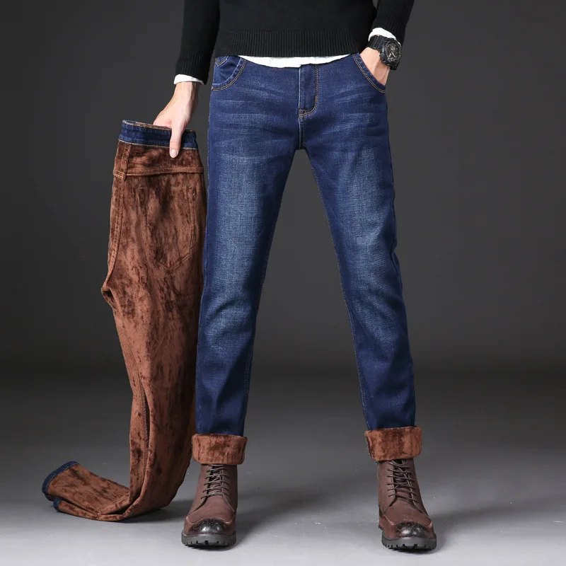 

2022 Winter New Men's Warm Jeans Business Casual Elasticity Thick Slim Denim Pants Brand Trousers Black Plus Size 38 40