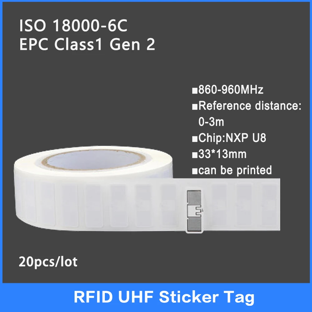 20PCS UHF RFID tag 18000-6C 860-960MHz RFID UHF Sticker Label Tag  U8 chip Electronic label 915 MHz High Quality Smart Tags