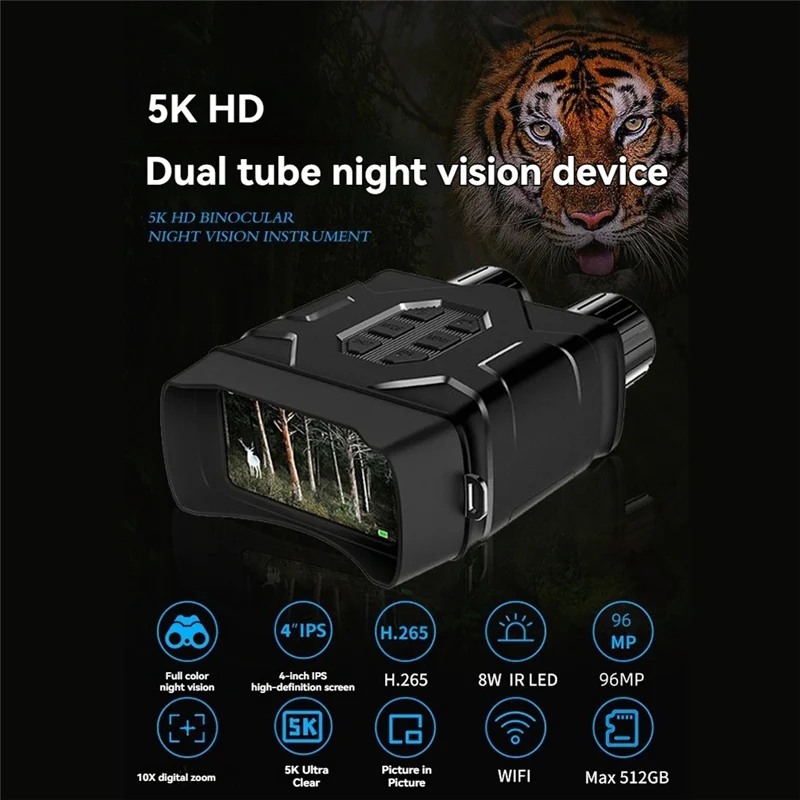 FFYY-N016 Wifi 双眼鏡 5K UHD ナイトビジョン 52MP 10X デジタルズーム低/無光ビジョン望遠鏡狩猟キャンプ用