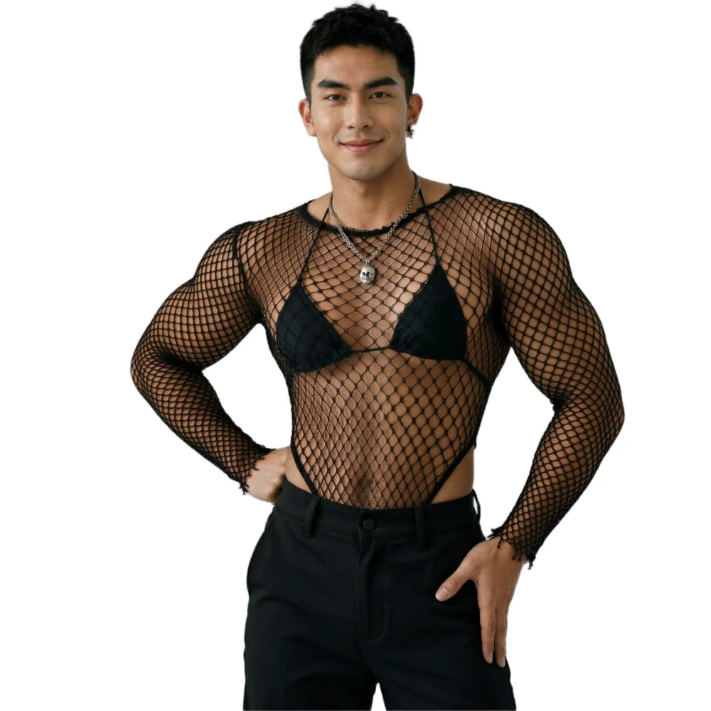 Men Sexy Hollow Fishnet Bodysuit Long Sleeve See Through Mesh Male Crossdresser Night Club Roleplay Lingerie Fishnet Bodysuit