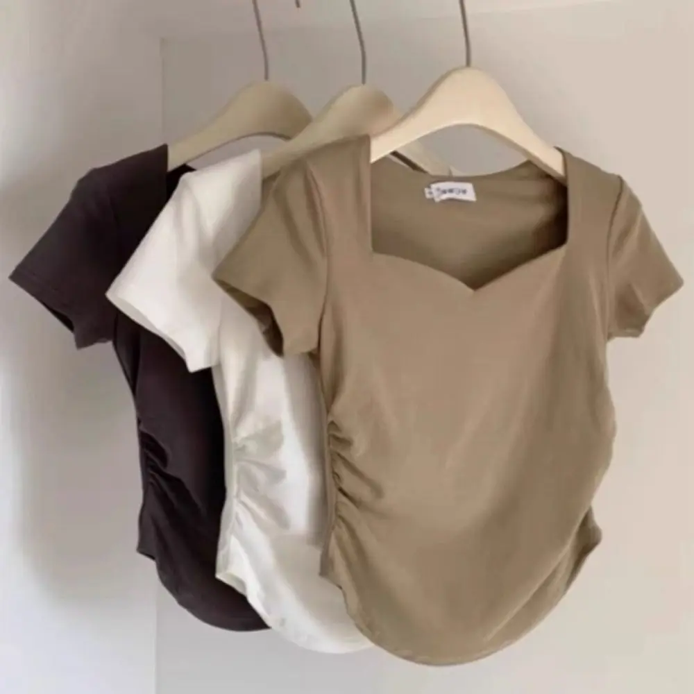 Doux coupe ajustée Y2K culture hauts manches courtes plissé coréen T-shirt femmes vêtements été solide T-shirt court dames
