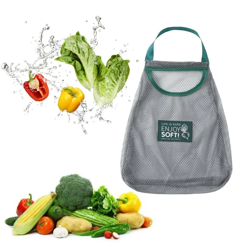 Kitchen Fruit Vegetable Storage Mesh Bag Wall-mounted Sundries Storage Bag Organize Portable Breathable Hanging Holder