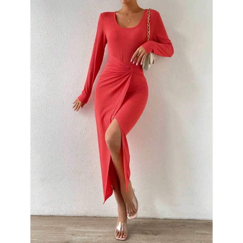 

YQ1-Autumn Winter New Women's Fashion Hot-Selling Elegant Commuting Sexy Slit Bodycon Solid Color Dress