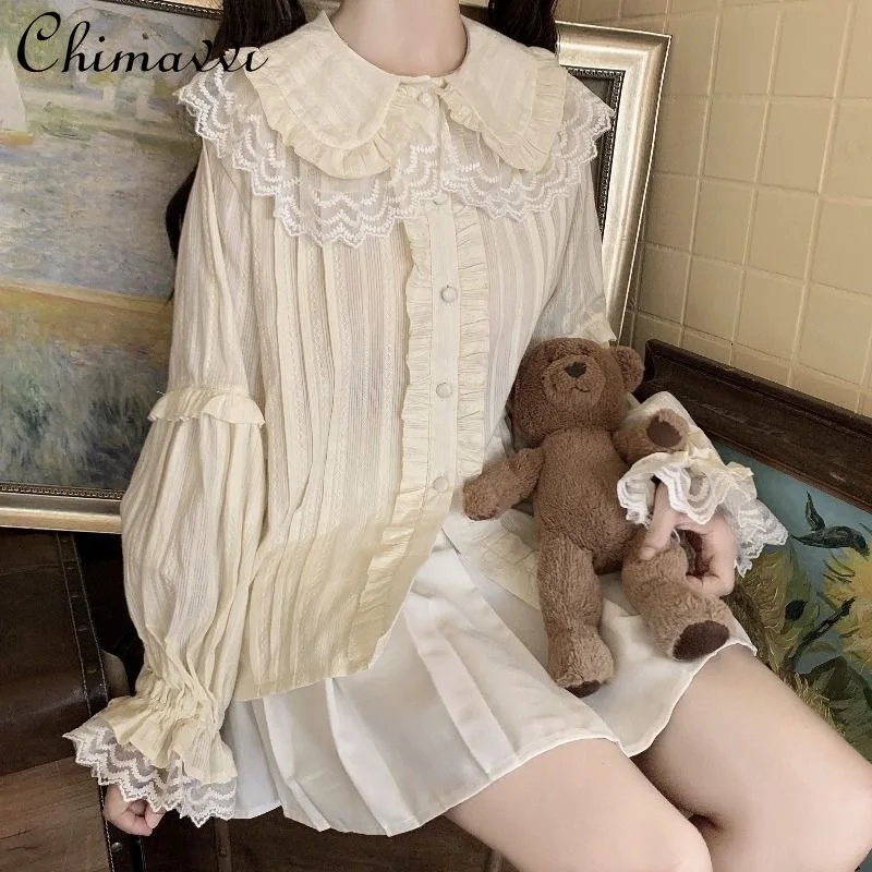 

Lolita Long Sleeves Inner Wear Doll Collar Lace Shirt New 2024 Autumn Japanese Style Sweet and Cute Girl Loose Kawaii Blouse Top