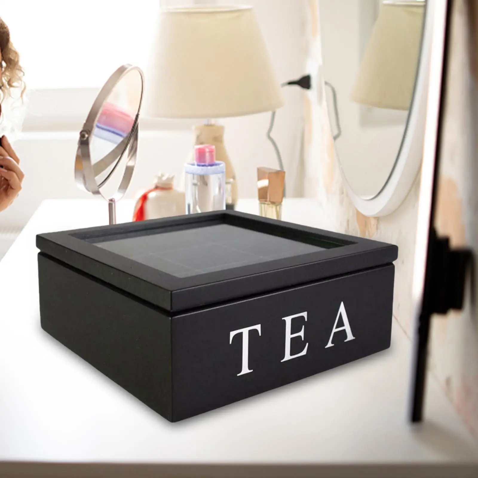 Wooden Tea Box with Viewing Window with Lid Home Tea Bag Box for Assorted Teas and Condiments Instant Coffee Packets Creamers