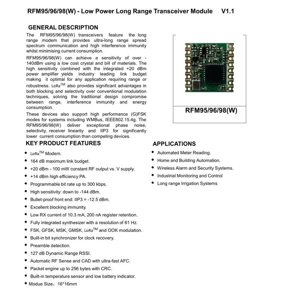 Module émetteur-récepteur sans fil Original LoRa FSK GFSK 00K RFM98 RFM98W 433Mhz SX1278, taux de transmission 300Kbps, interface de données SPI