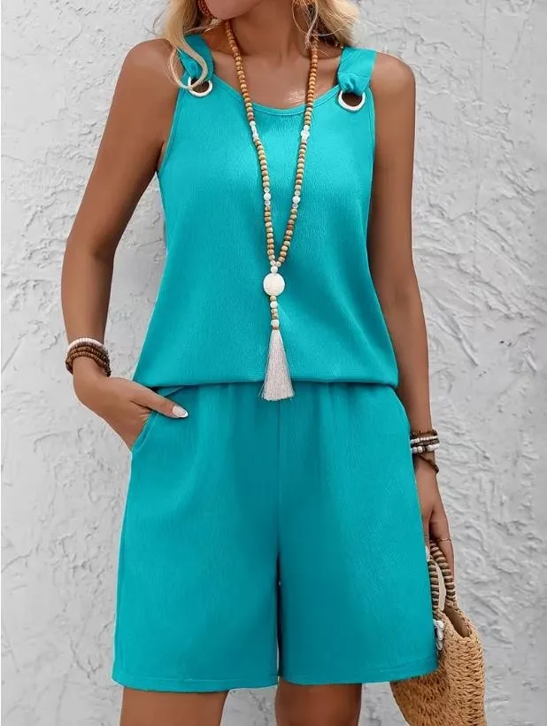 

Summer Spring Women's Clothing Sleeveless Solid Color Elegant Short Pants Two Set Polyester Gym Summer Suit