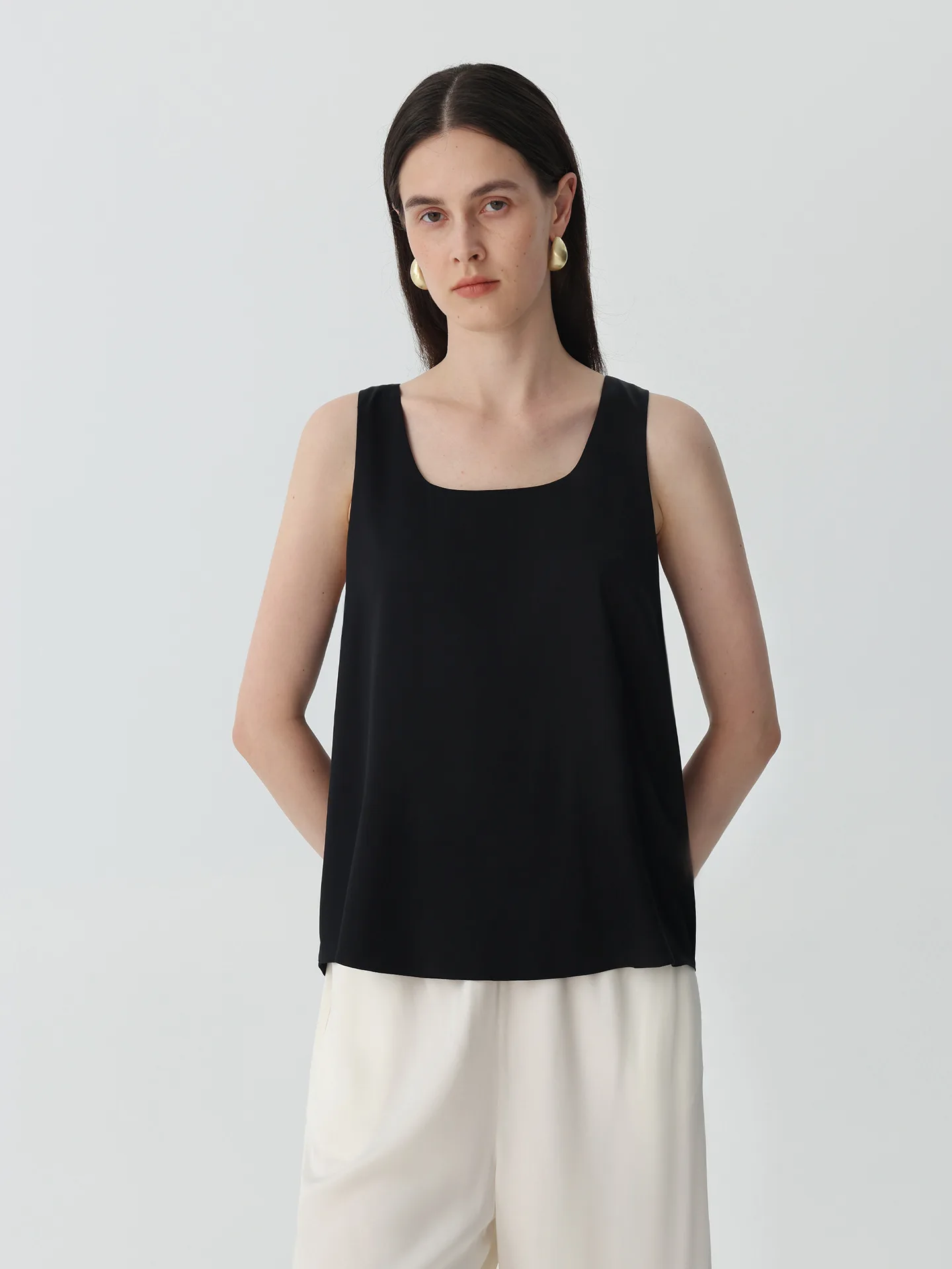 Mulberry Silk Sleeveless Top Women Round Neck Tank Top Casual Layering Blouse White Solid Daily Wear