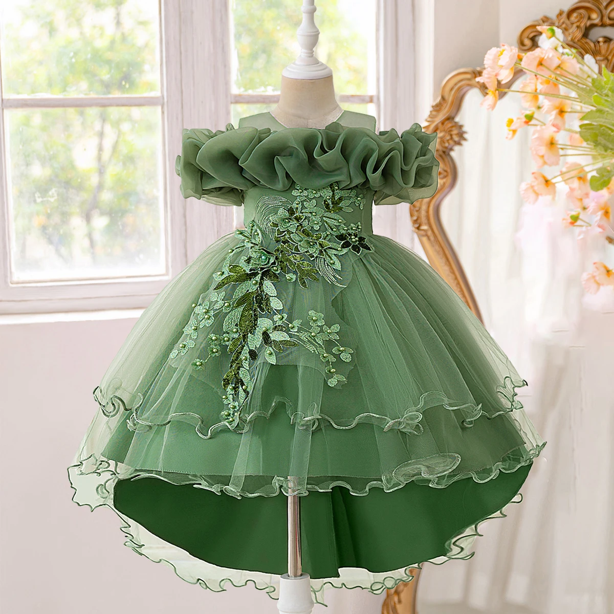 Elegant Flower Bridesmaid Party Girl Dresses Fashion Tulle Wedding Birthday Princess Dress for Girls Graduation Pageant Costumes