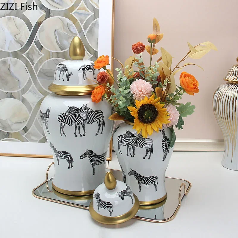 

Zebra Pattern General Jar with Lids Gold Plated Ceramic Storage Tank Cosmetic Containers Artificial Flower Decorative Vases