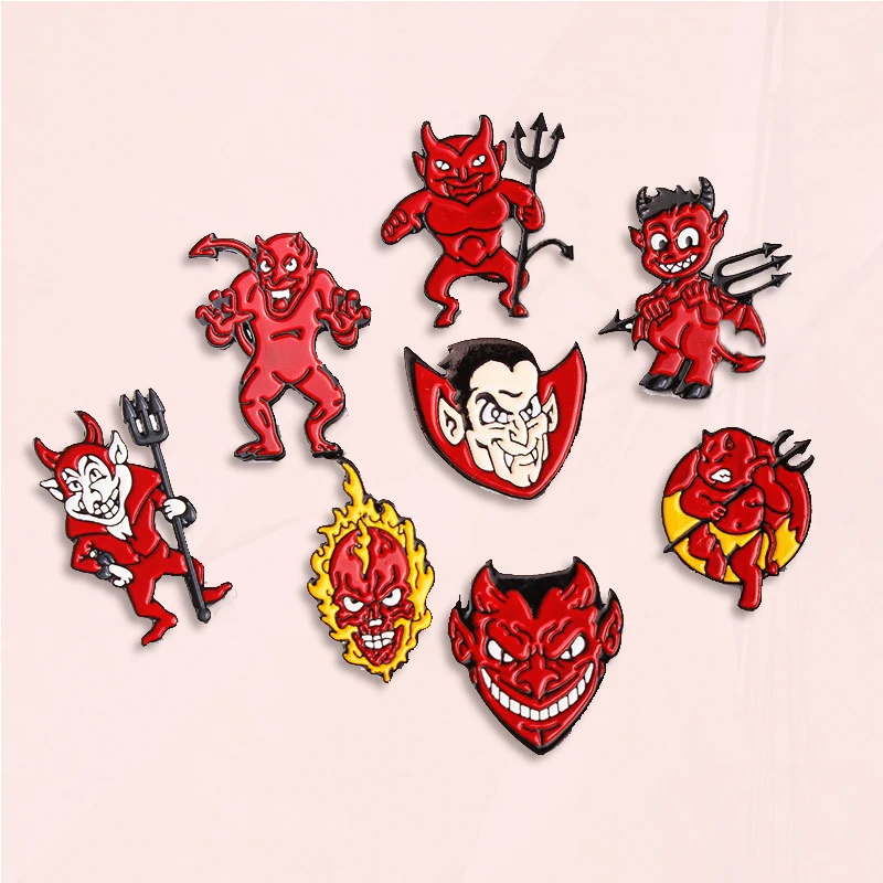 

Fire Head Vampire Badge Pin Denim Shirt Backpack Fashion Jewelry Gift For Friends Men Hell Devil Imp Enamel Brooch Red