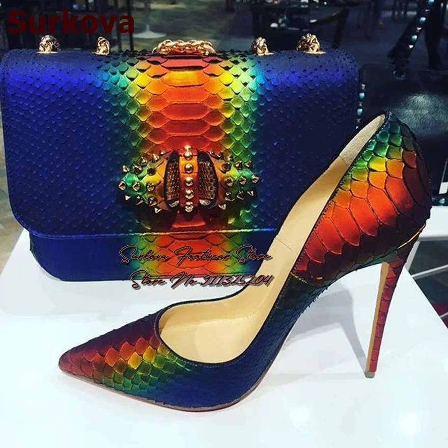 Surkova Sexy Gradient Color Snakeskin High Heel Shoes Red Green Blue Color Patchwork Python 12cm Dress Pumps Size45 Dropship