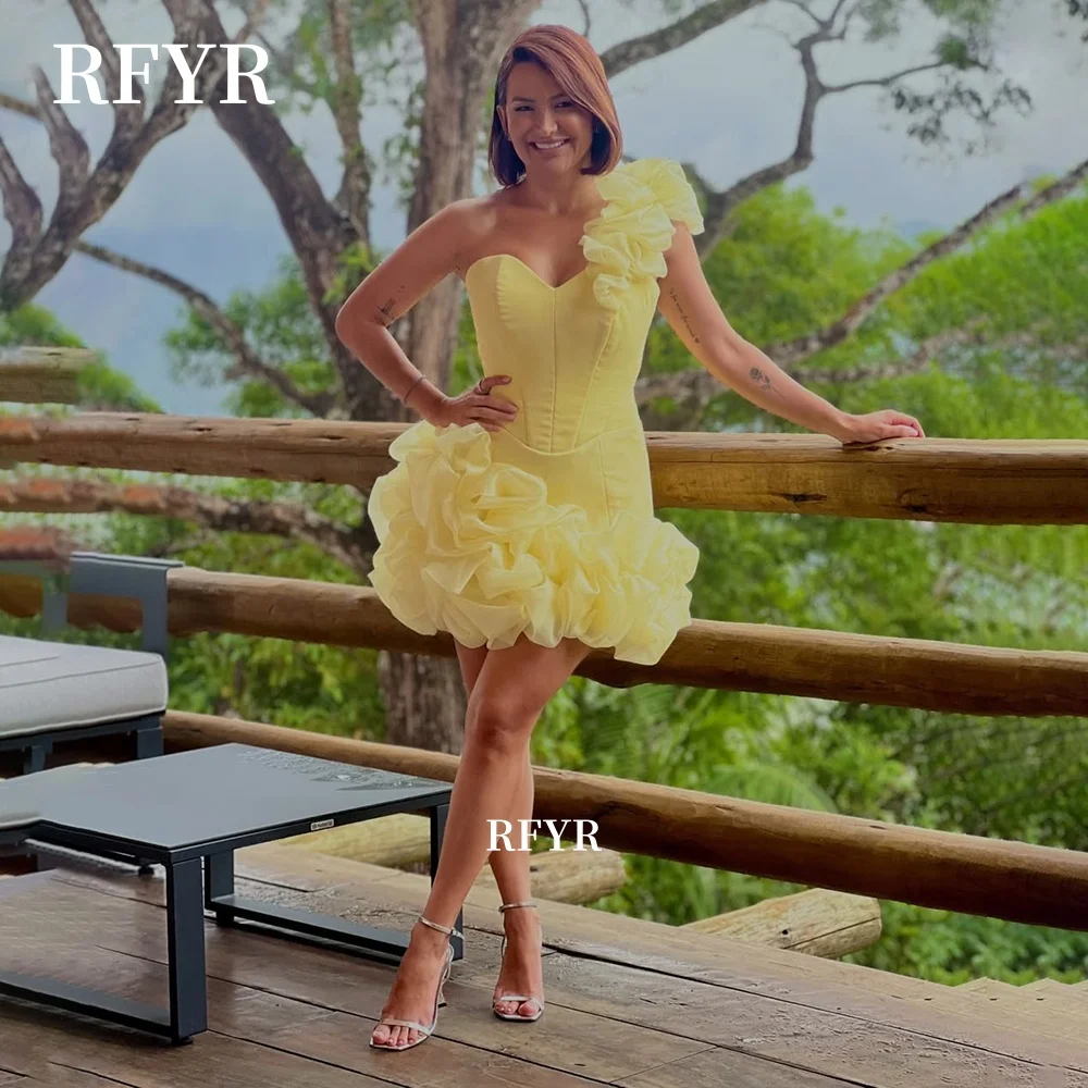 

RFYR Yellow Prom Dress Mini Party Gowns with Ruffles One Shoulder Evening Dress for Women فساتين مناسبة Customized